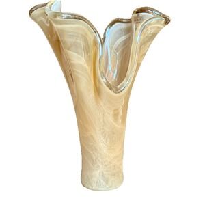 Murano Glass 17" Handblown Freeform Vase Italy Apricot Wht Swirl MCM Sticker